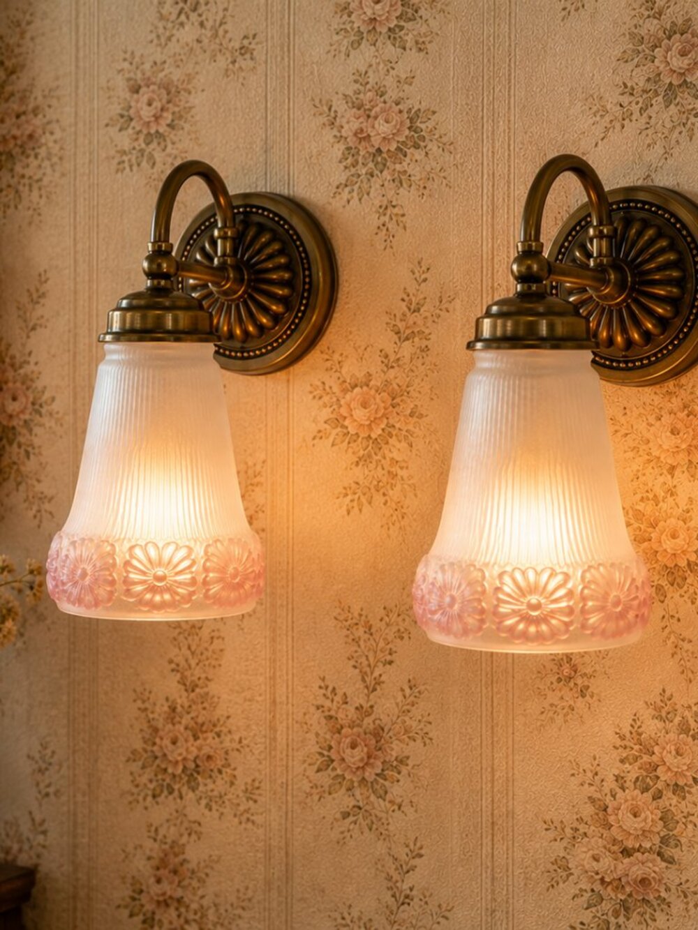 Vintage Pink Frosted Glass Floral Sconce Shades Pair Demolition Rescue